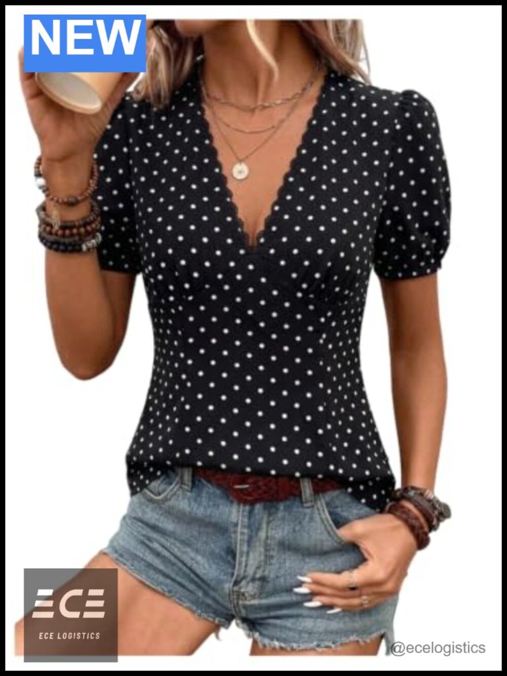 Polka Dots Blouse Short Sleeve Lace Trim V Neck Top Women
